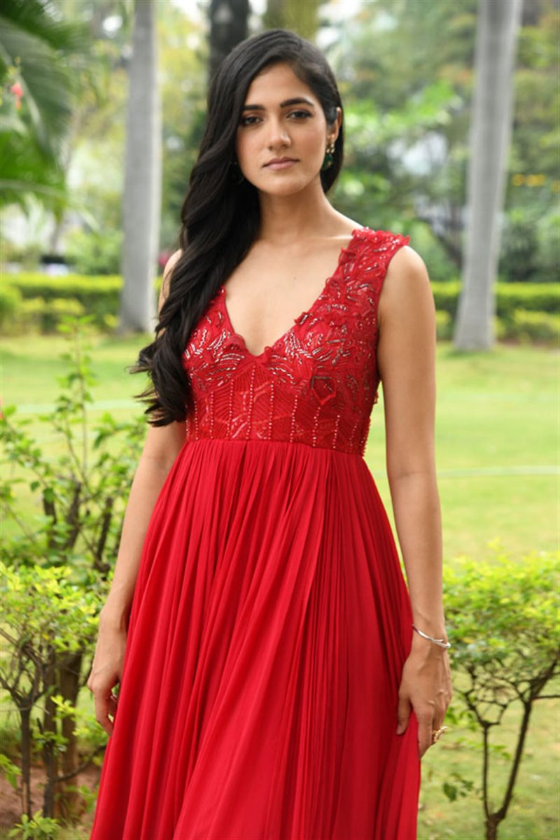 Telugu Actress Simran Choudhary in Red Dress at Atharva Movie Press Meet